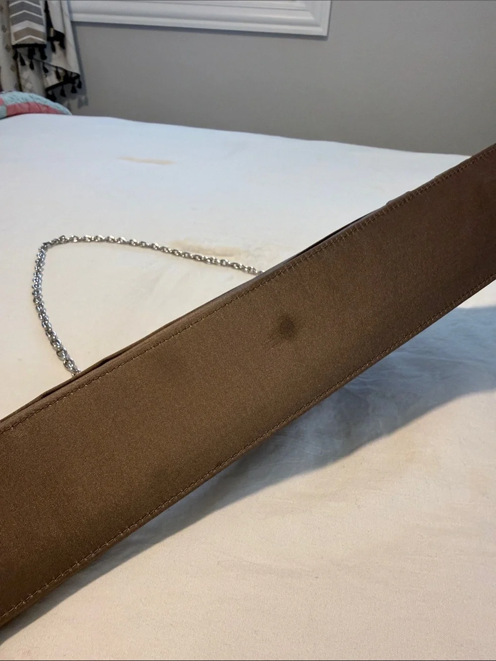 Inge Christopher Satin Brown Evening Clutch with Crystal Leaf Accent